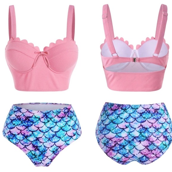 Mermaidcore ✦ Scalloped Tankini Bikini Set ✦ Pink Sweetheart Top + High-Waisted - Picture 10 of 15